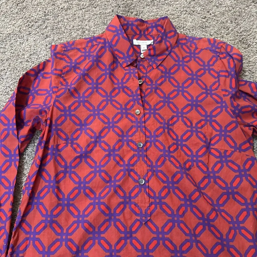 J.Crew Bungalow Cotton Beachy Top Shirt Size‎ 8 Preppy V-Neck Long Sleeve Career